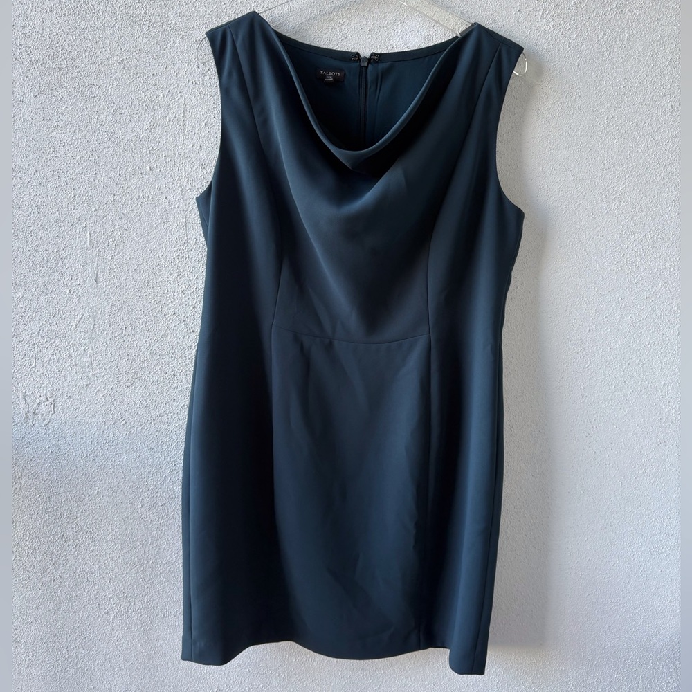 Talbots Cowl Neck Sheath Style Sleeveless Teal Dress Size 16P Sophisticated‎